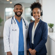 A South African doctor and virtual receptionist smiling in infront of a reception desk.